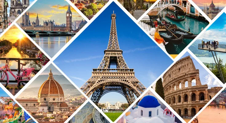 Hình nền laptop đẹp với ảnh ghép các địa danh nổi tiếng thế giới như tháp Eiffel, Big Ben, đấu trường Colosseum, Venice và Santorini