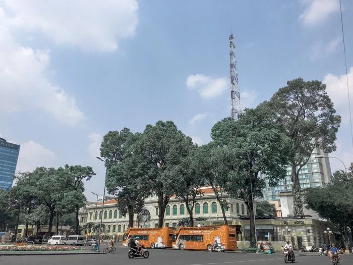 Xe buýt du lịch hai tầng chạy trên đường phố thành phố
