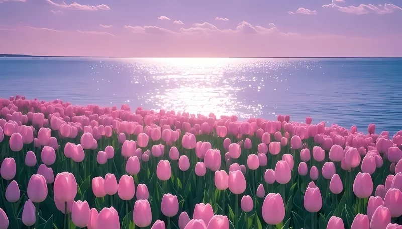 hình nền hoa tulip bên sông