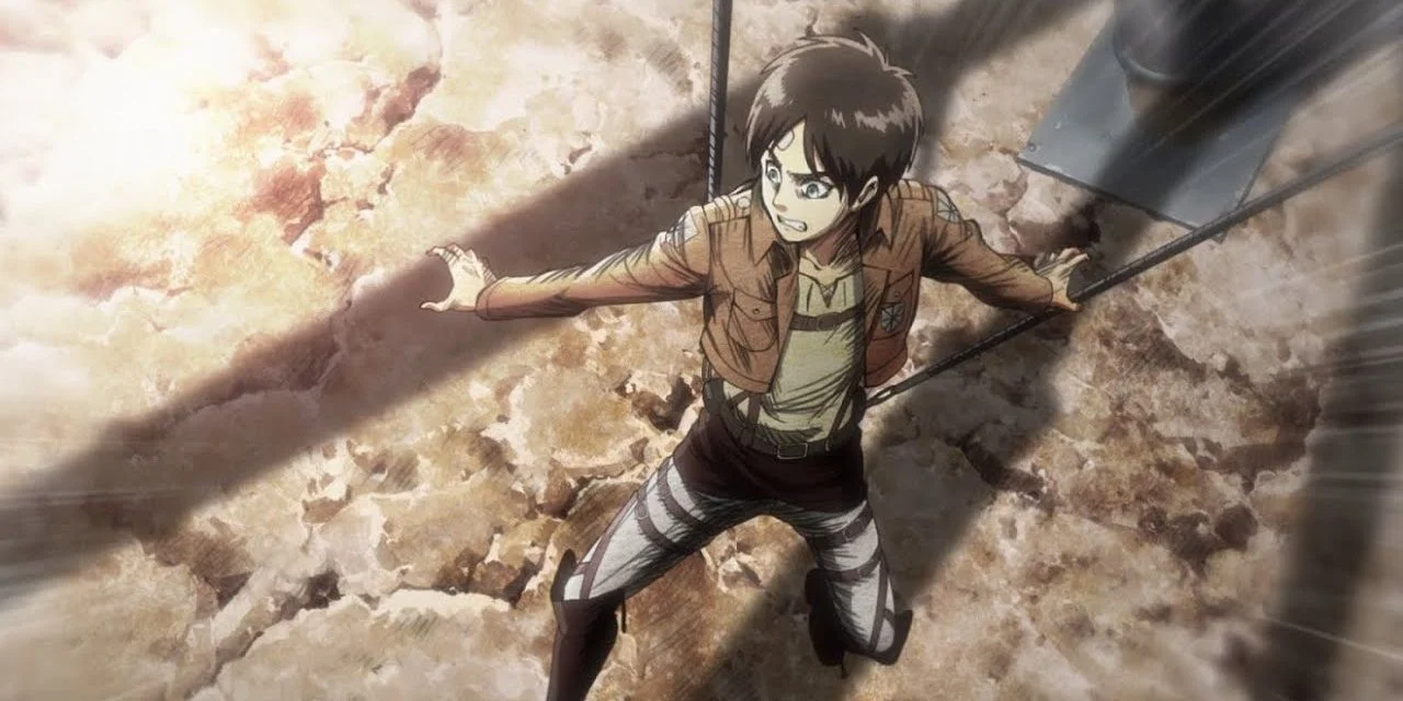Nhân vật anime nam đứng trên mái nhà đá, vung kiếm trong tư thế chiến đấu.