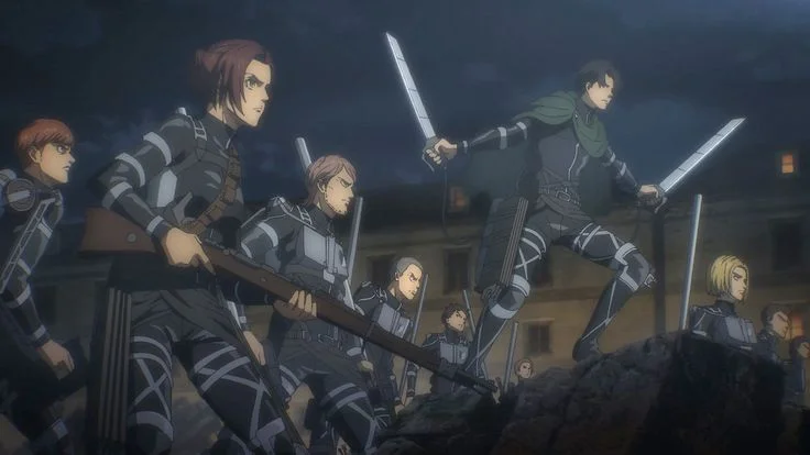 Nhóm binh sĩ anime nam cầm kiếm và di chuyển trong đội hình.