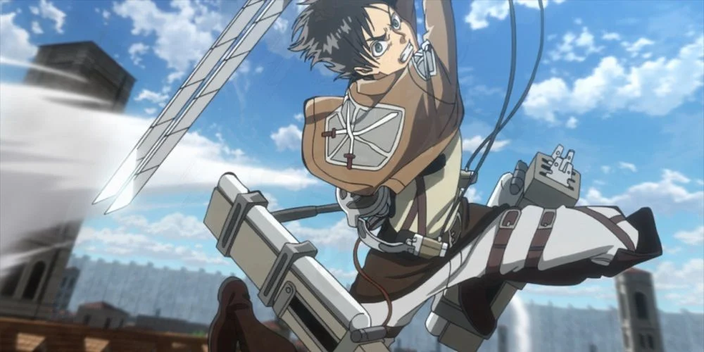 Nhân vật anime nam mặc đồng phục chiến đấu và sử dụng thiết bị cơ động giữa bầu trời.