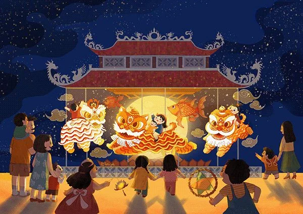 Tranh vẽ múa lân Trung Thu 2