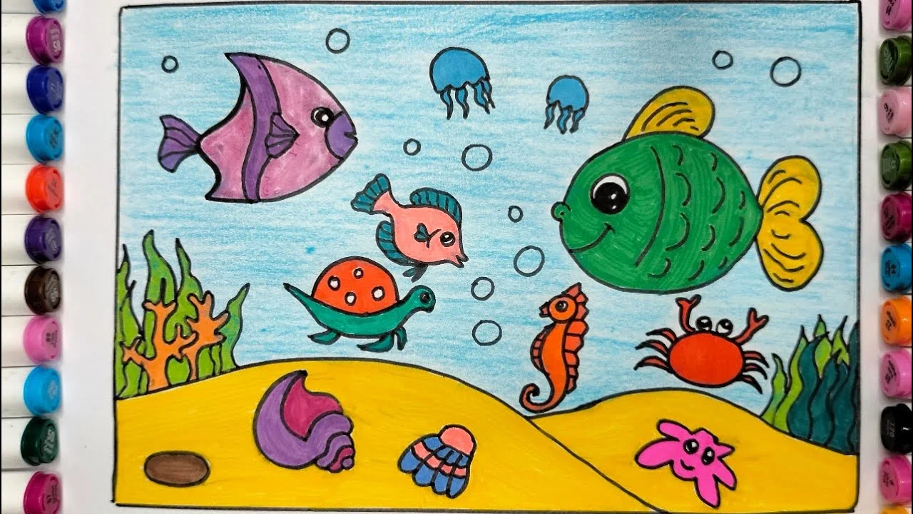 Cách vẽ tranh chủ đề đại dương: Vẽ cá và sinh vật dưới đáy biển|Love Drawings