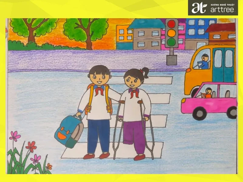 Hướng dẫn vẽ tranh nét đẹp văn hóa khi tham gia giao thông trên đường: Bước 5
