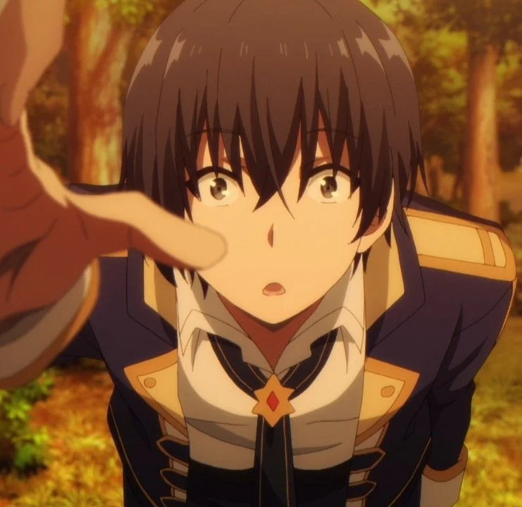 Nhân vật anime nam có tóc nâu với mái dài bay nhẹ trước mặt