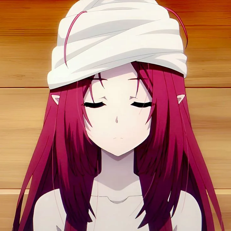 Anime cô gái elf tóc magenta với tóc mái bay và khăn quấn đầu trắng trên nền gỗ ấm áp.