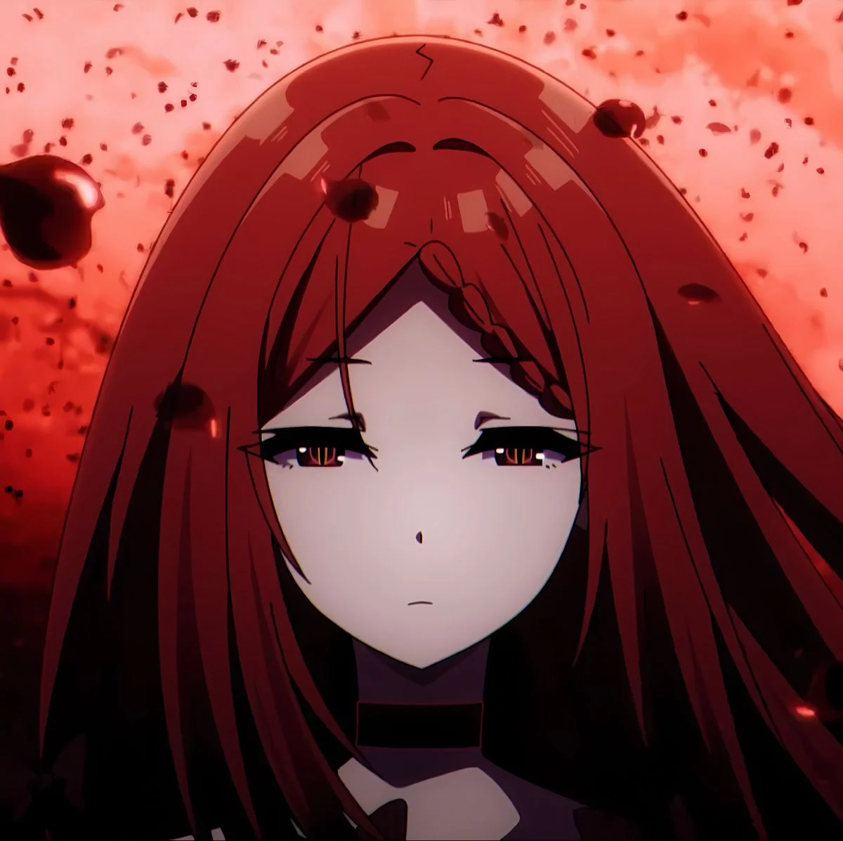 Nhân vật nữ anime tóc đỏ với tóc mái bay dài trong khung cảnh đỏ huyền bí