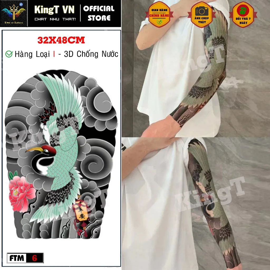 Hình xăm full tay màu hạc tiên nhật cổ độ bền 3-5 ngày hàng chính hãng KingT