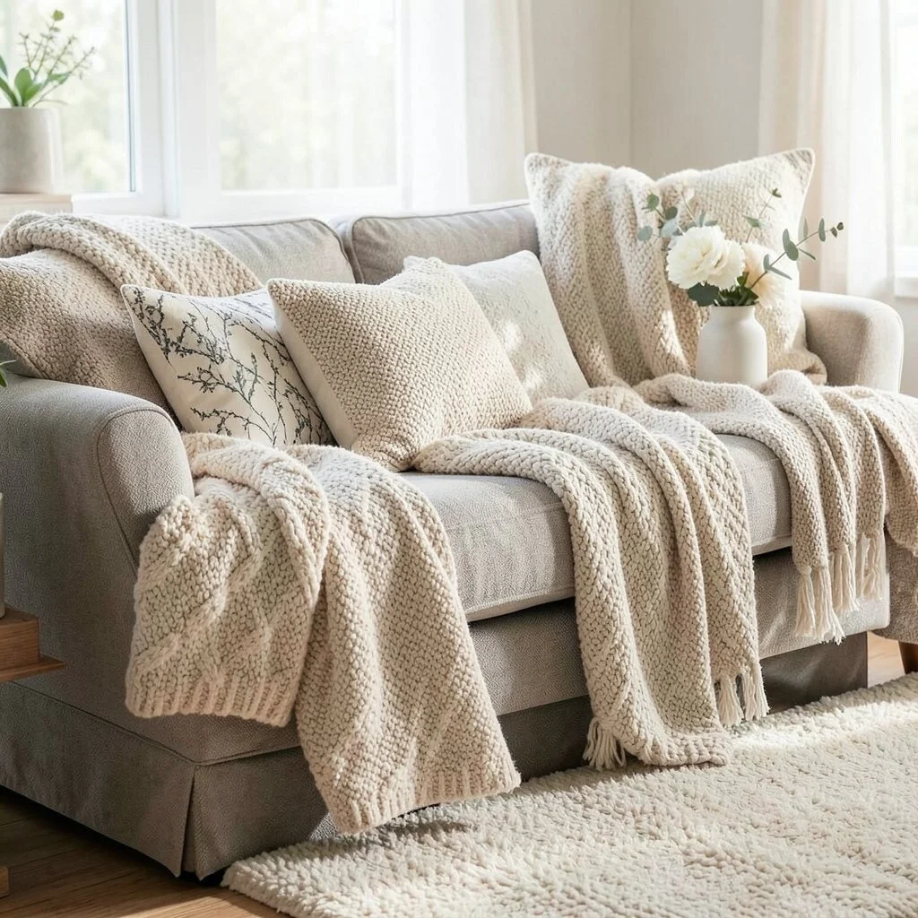 Sofa decor phòng trọ với chăn len nệm và gối trang trí