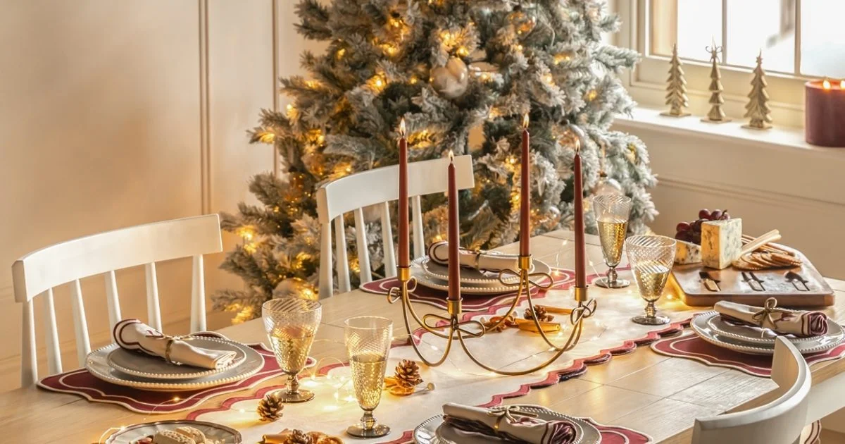 Bàn ăn decor phòng trọ trang trí cây Noel và nến