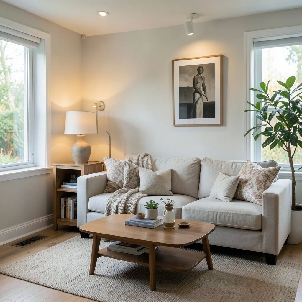 Nội thất phòng khách decor phòng trọ sofa be, bàn gỗ và tranh tường