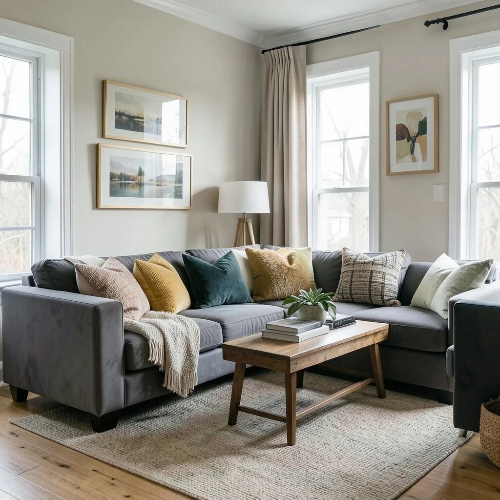 Phòng khách decor phòng trọ với sofa xám, ghế đệm và tranh trang trí tường