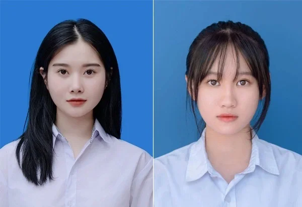 Ảnh thẻ nữ áo trắng nền xanh chụp chuẩn làm căn cước hộ chiếu