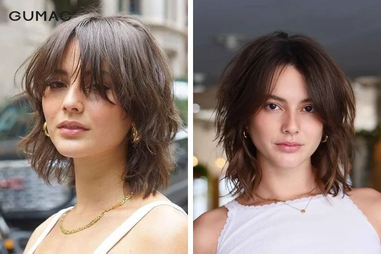 Nữ mặt tròn để tóc ngắn ngang vai uốn đuôi
