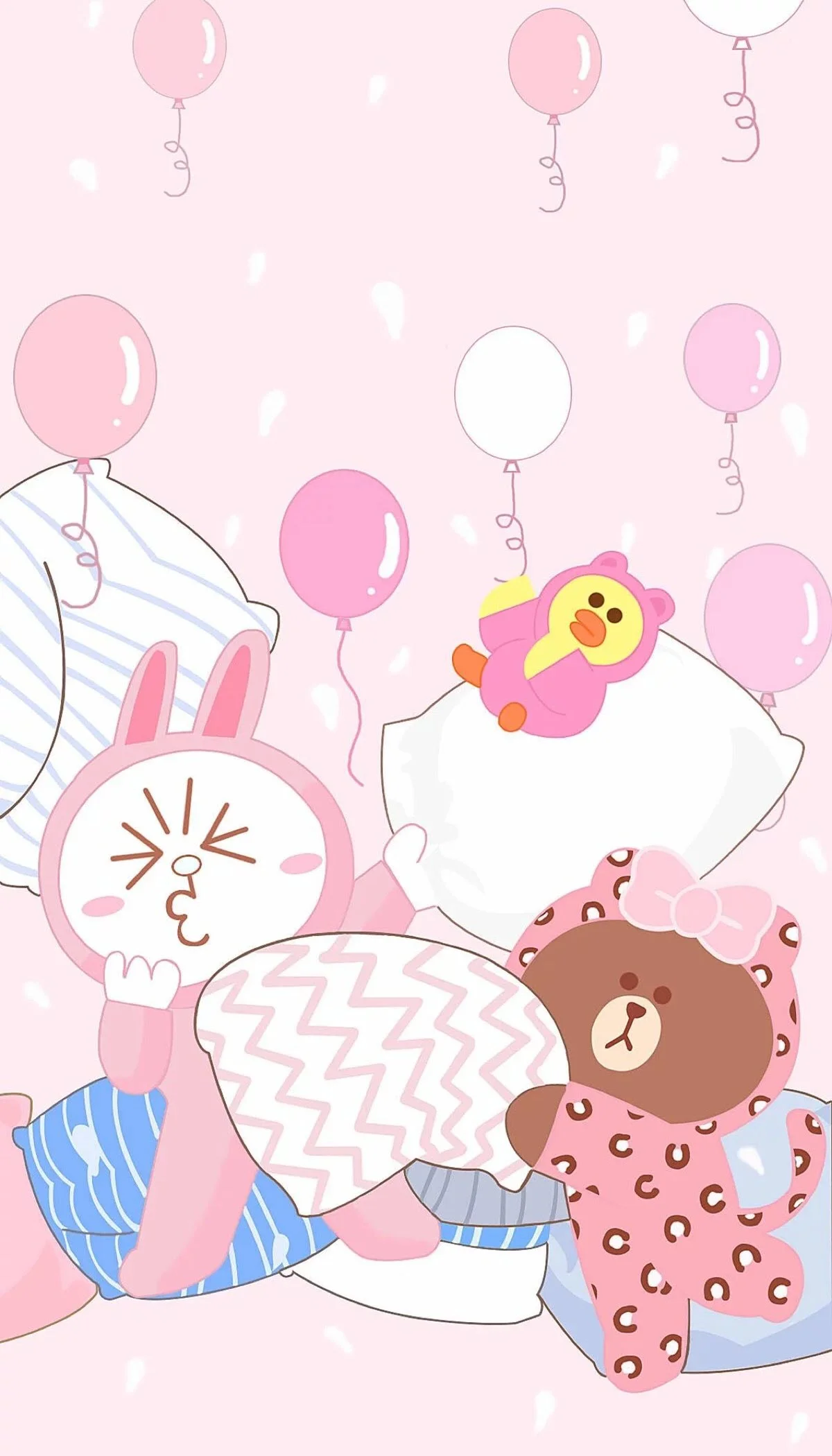 Hình nền cute các nhân vật Line Friends đang ngủ với bóng bay