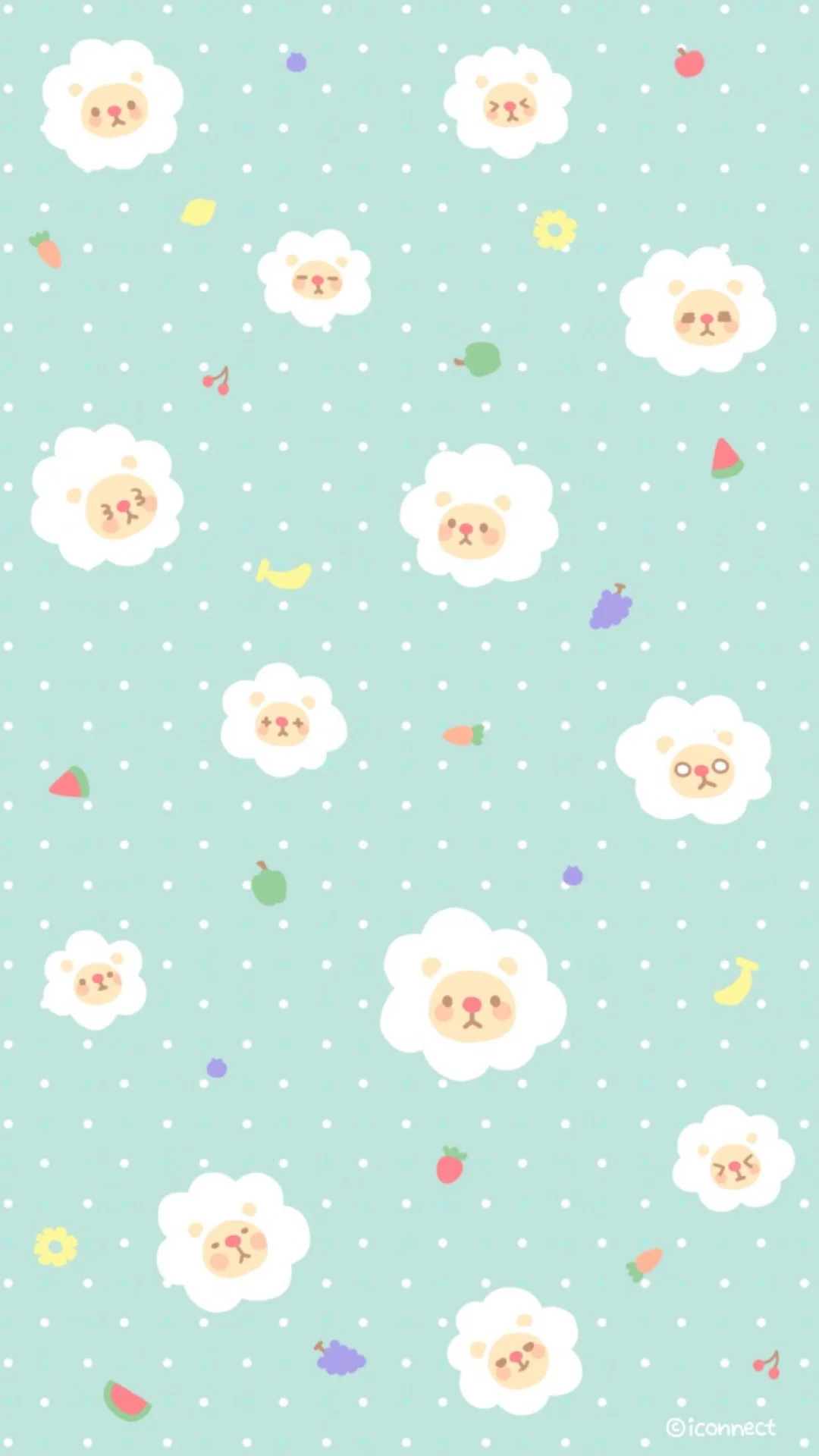 hình nền cute với họa tiết gấu nhỏ và trái cây trên nền xanh bạc hà