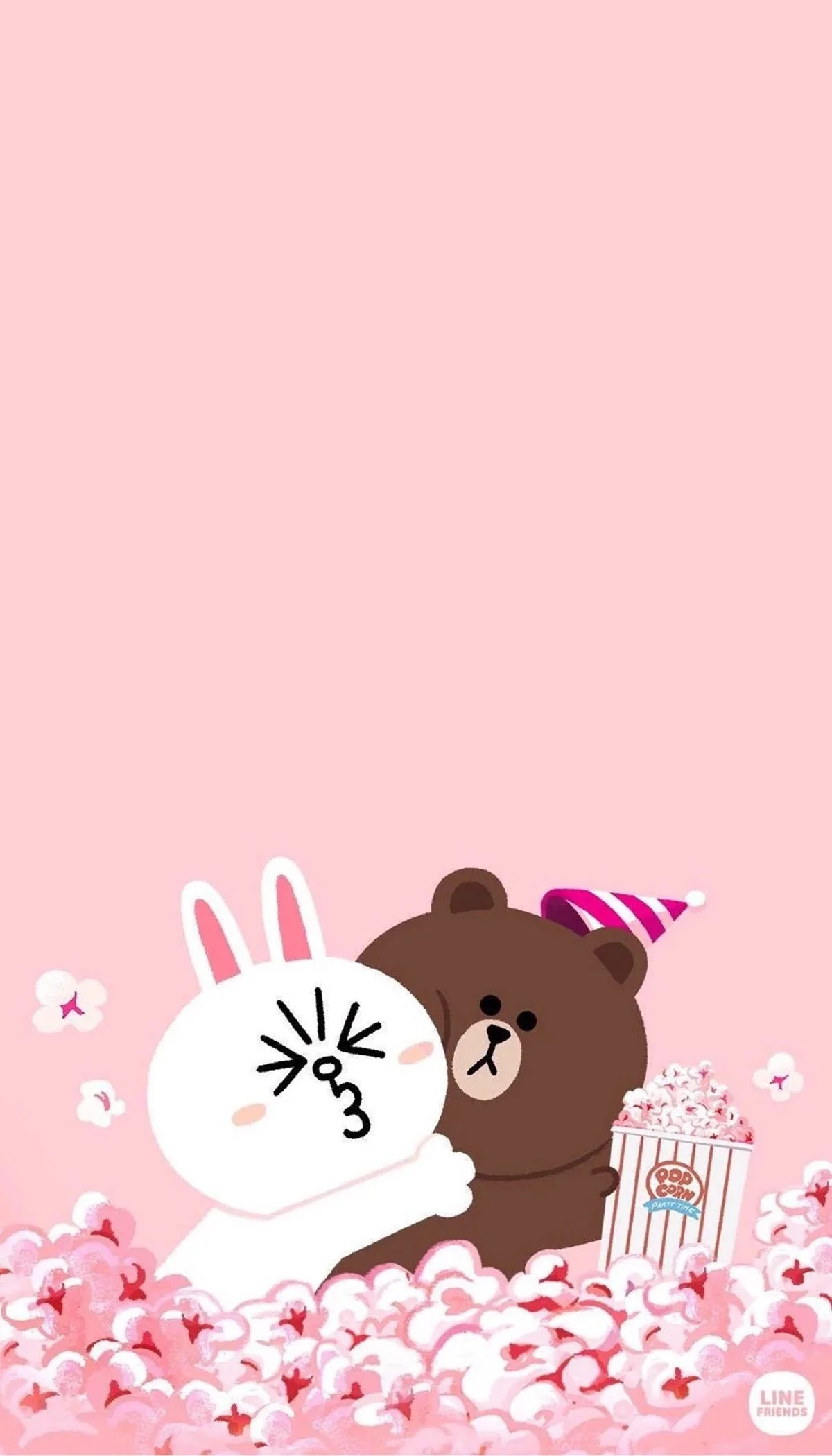 Hình nền cute với nhân vật Brown và Cony cùng bắp rang bơ trên nền hồng