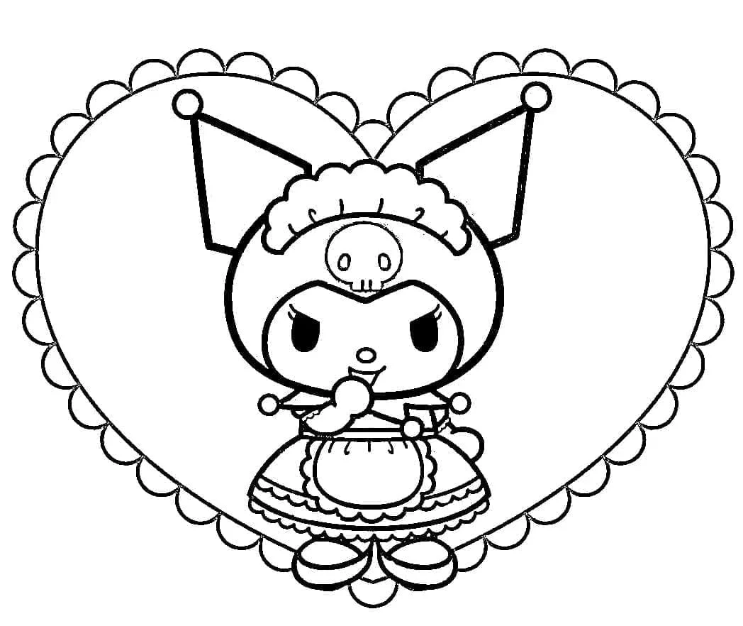 Tranh tô màu Kuromi trong khung hình trái tim