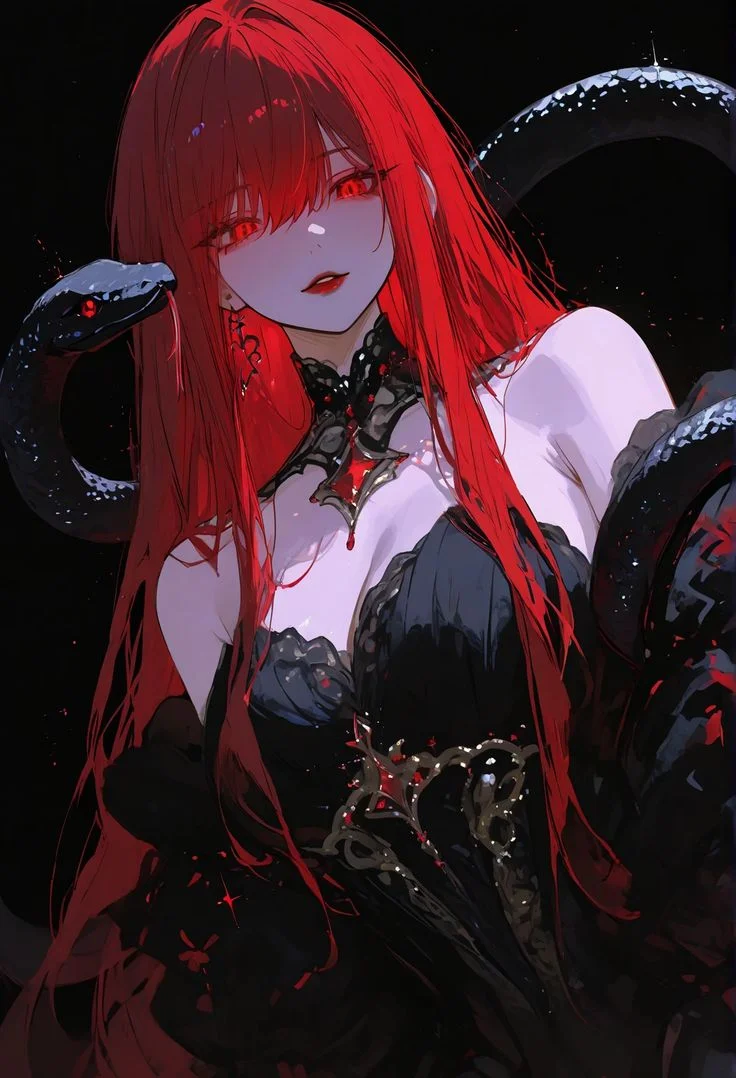 Hình ảnh anime nữ ngầu với mái tóc đỏ và rắn quấn quanh