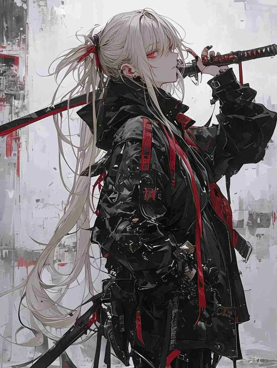 cô gái anime tóc trắng cầm kiếm phong cách chiến binh