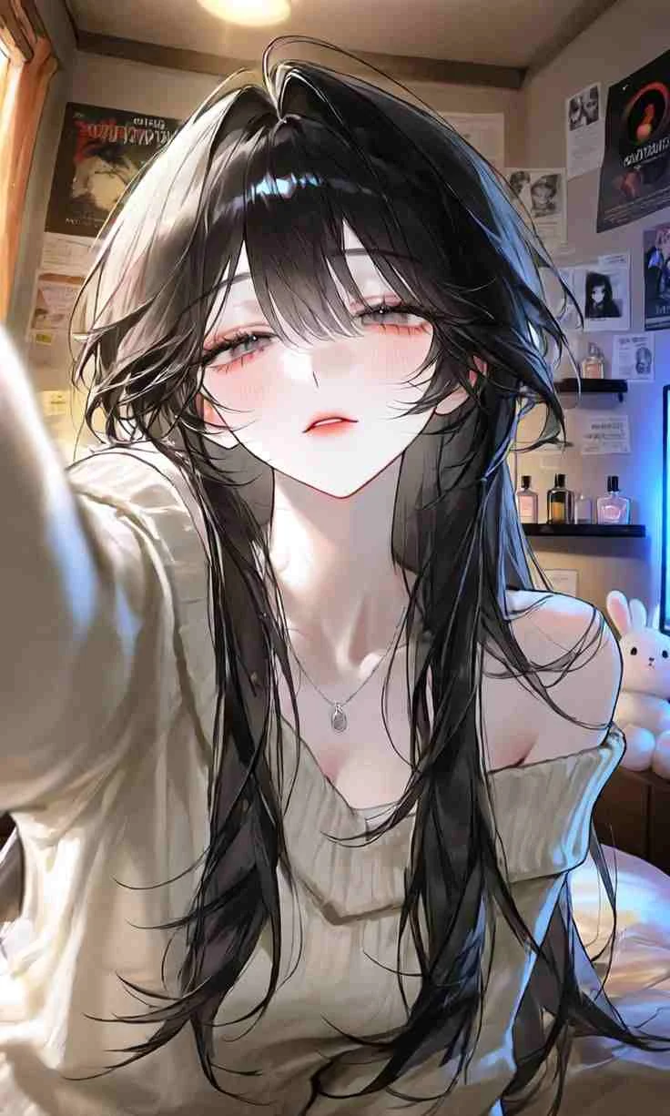 Hình ảnh anime nữ ngầu đang selfie trong phòng
