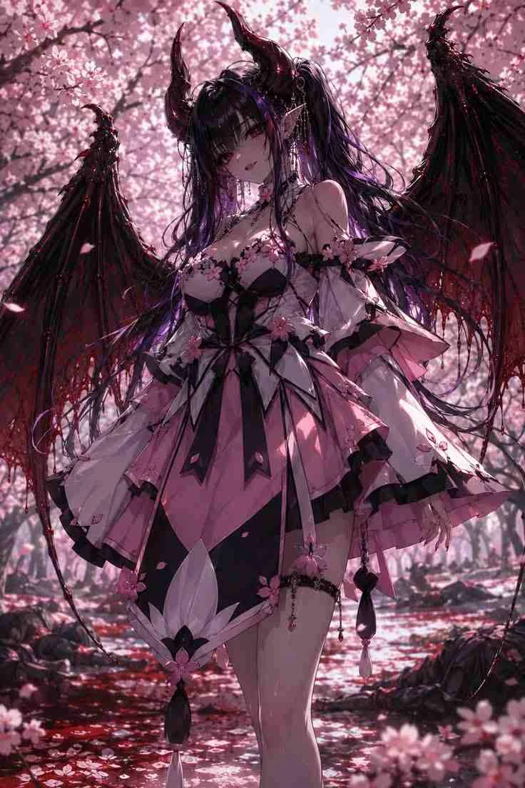 Hình ảnh anime nữ ngầu với đôi cánh ác quỷ trong rừng anh đào