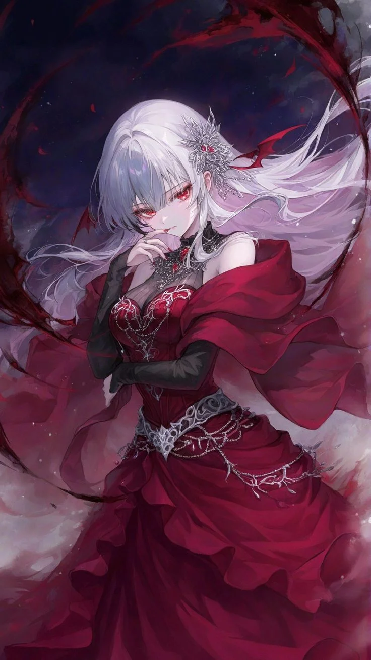 Hình ảnh anime nữ ngầu mặc váy đỏ sang trọng