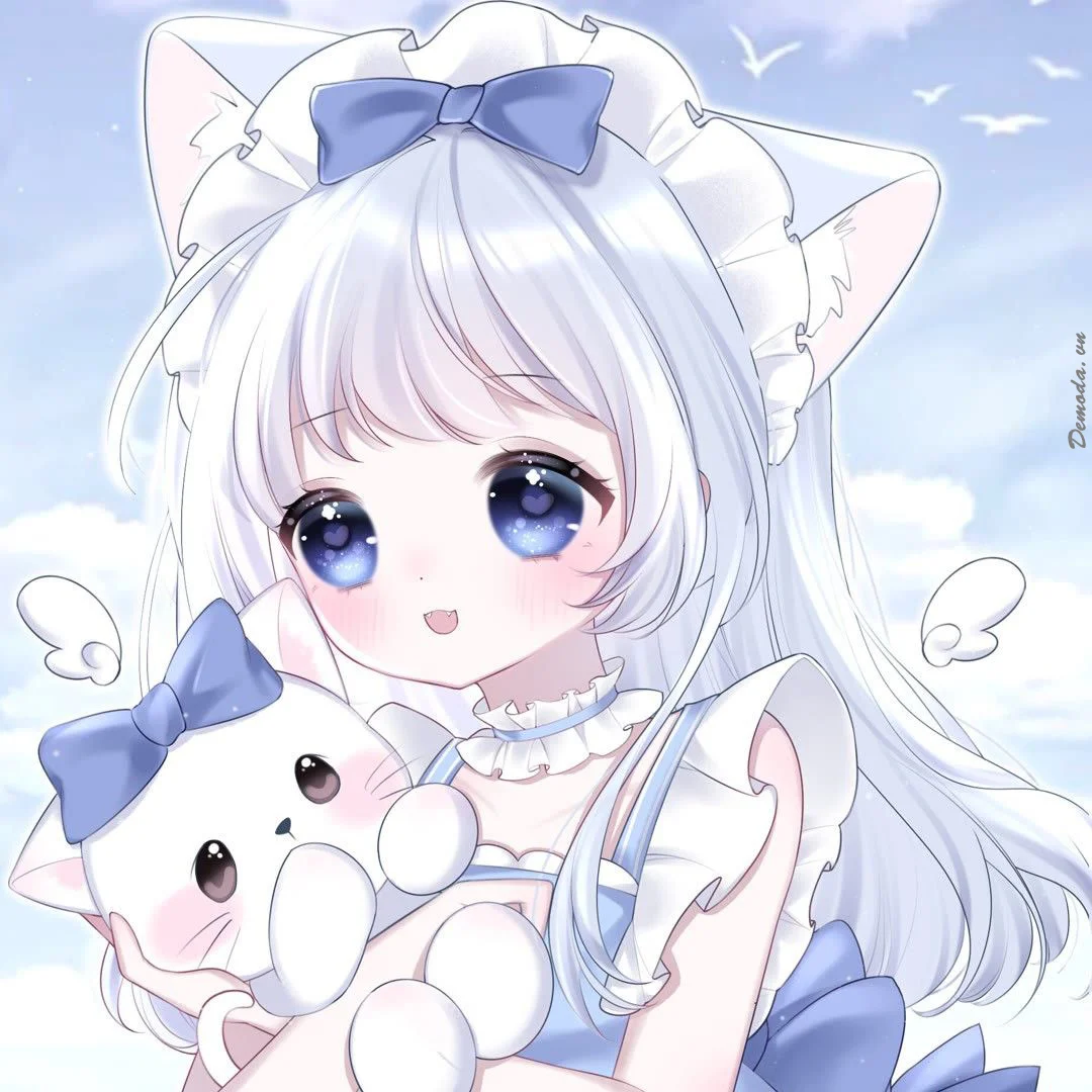 Ảnh avatar nữ anime tóc bạc tai mèo ôm gấu bông