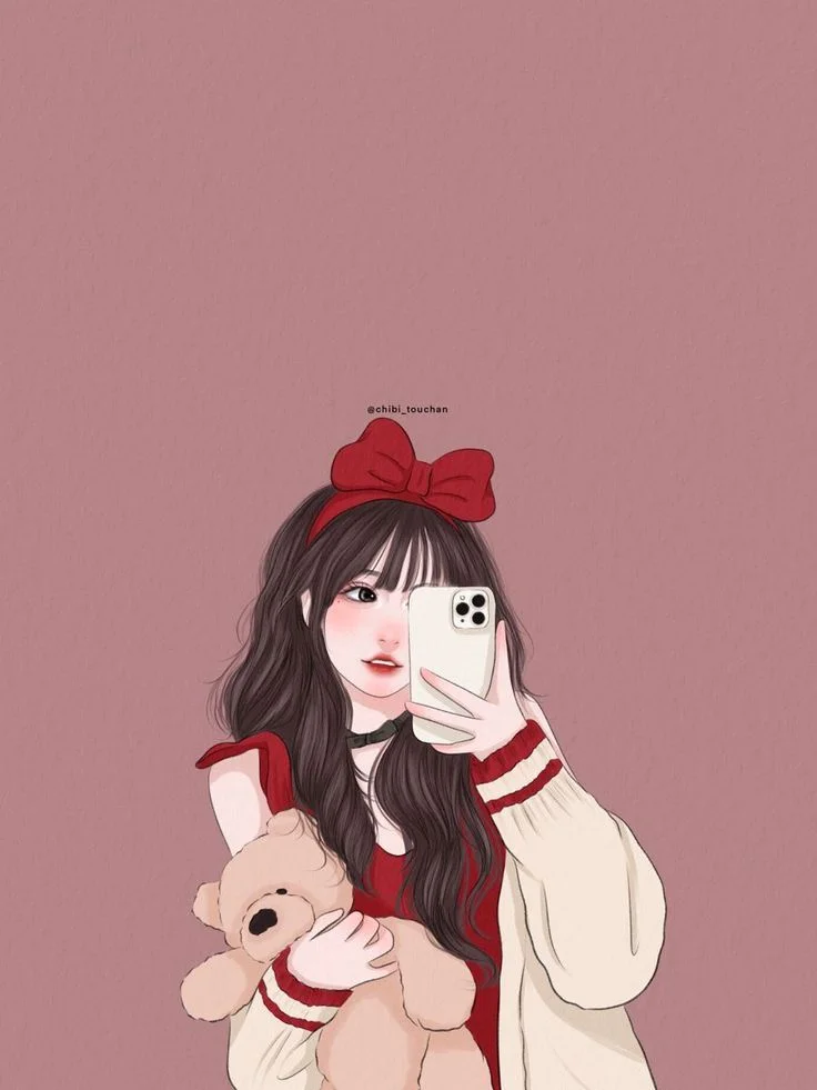 Ảnh avatar nữ cầm gấu bông đội nơ hồng đỏ